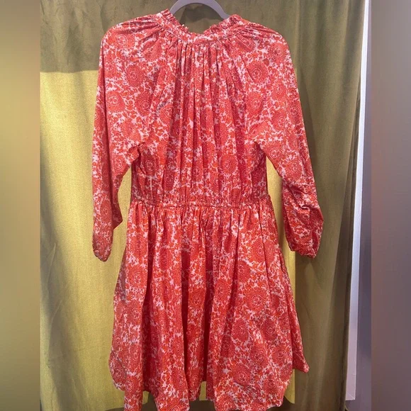 J.Crew Ruffle Collar Mini Long Sleeve Dress Cotton Poplin Orange Print Size L - Picture 3 of 6